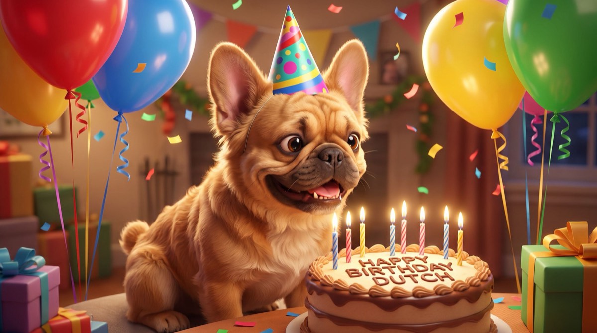 Cartoon of Dutch in a party hat beside a birthday cake, surrounded by balloons