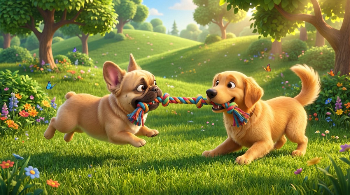 Cartoon of Dutch playing tug-of-war with a golden retriever in a meadow