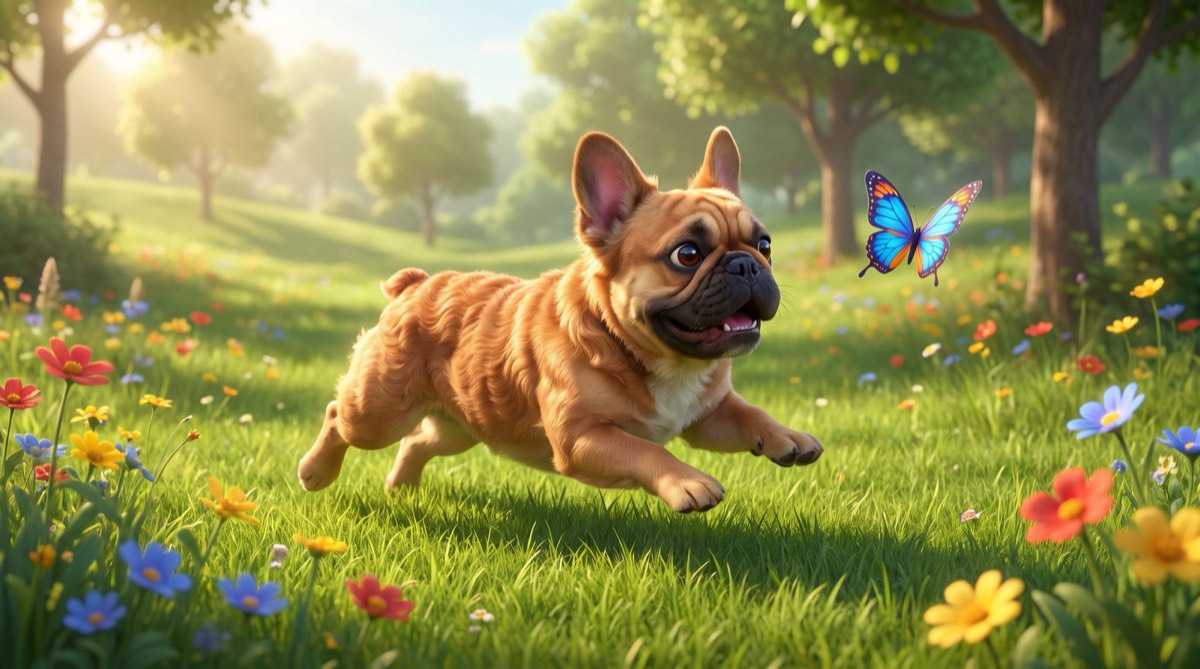 Cartoon of Dutch mid-bound through a wildflower meadow, chasing a blue butterfly