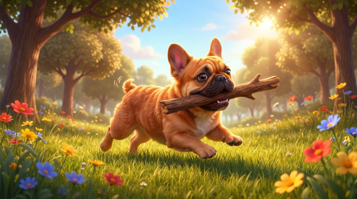 The finished cartoon: Dutch trotting through a sunlit park with a stick in his mouth