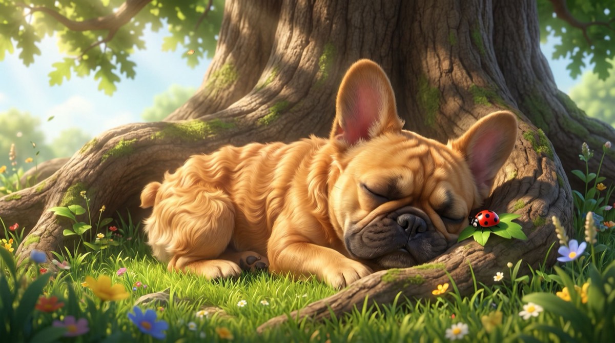 Cartoon of Dutch napping against a mossy tree root with a ladybug on a leaf beside him
